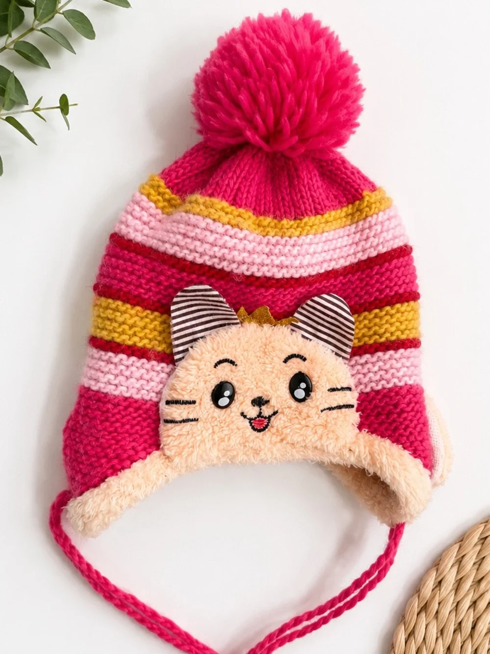Girls' Crochet Winter Hat Pink Striped Cat Pom Pom Winter Hat Beanie